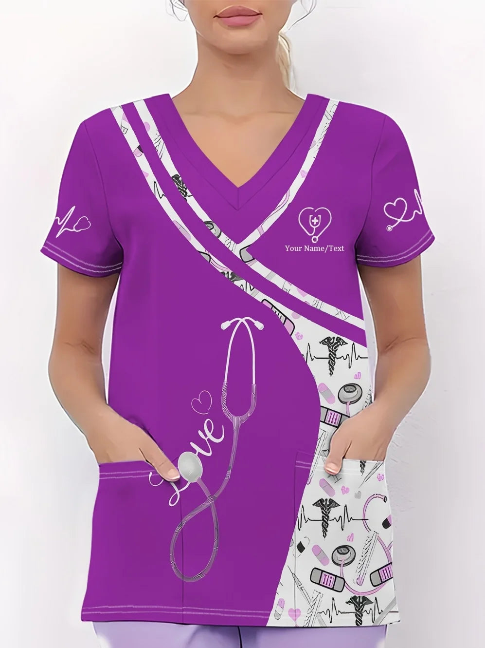 Clinical Uniform Woman Stethoscope Print V-Neck Short Sleeve Nurse Uniform Tops Fashion with Pocket Dentist Nurse Uniform Woman