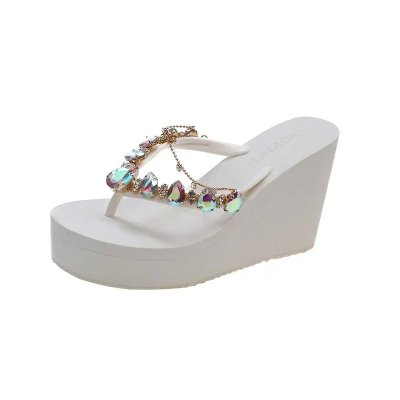 Flip Flops Women New High Heeled Slippers Women Diamond Slope Heel Slippers Elegant Fashion Beach Sandals Womens Sexy Shoes