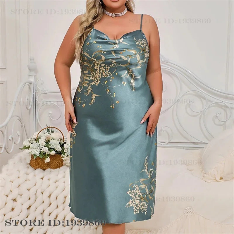 Plus Size 3XL 4XL 5XL Women's Long Robe Nightgown Print Cherry Kimono Bathrobe Gown Spring Summer New Satin Sleepwear HomeWear