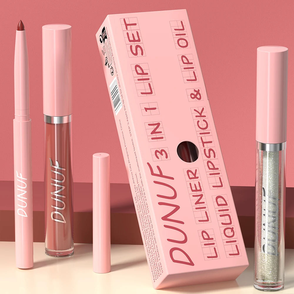 Matte Lip Liner Lip Gloss Lip Oil Set, 3-in-1 Waterproof Non-sticky Long-Lasting Lipstick, Nude Deep Red Mauve, Christmas Makeup