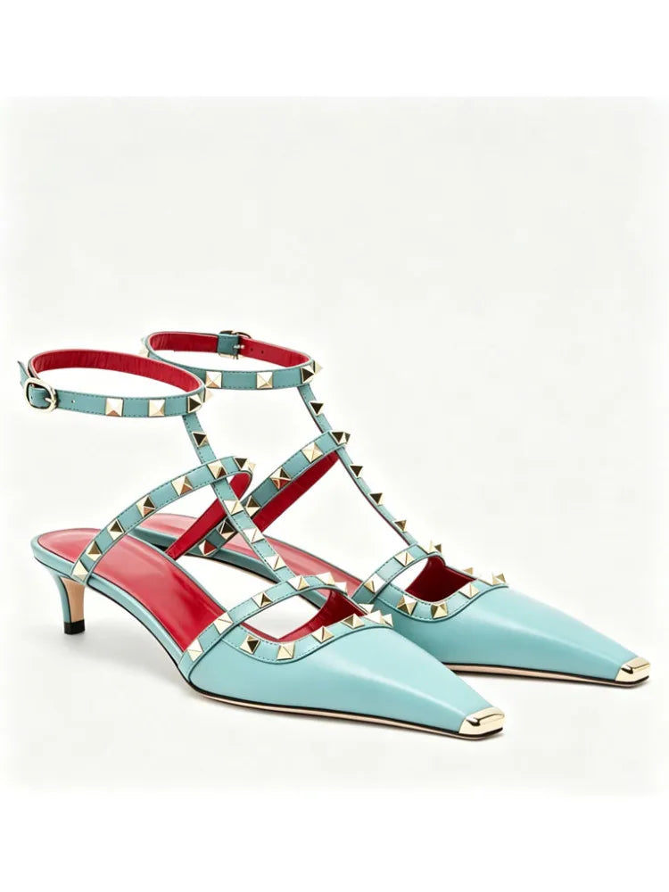 Summer Square Headed Rivet High-heeled Women's Sandals, Fashionable and Sexy Women's Party T-table Women's Plus Size Sandals
