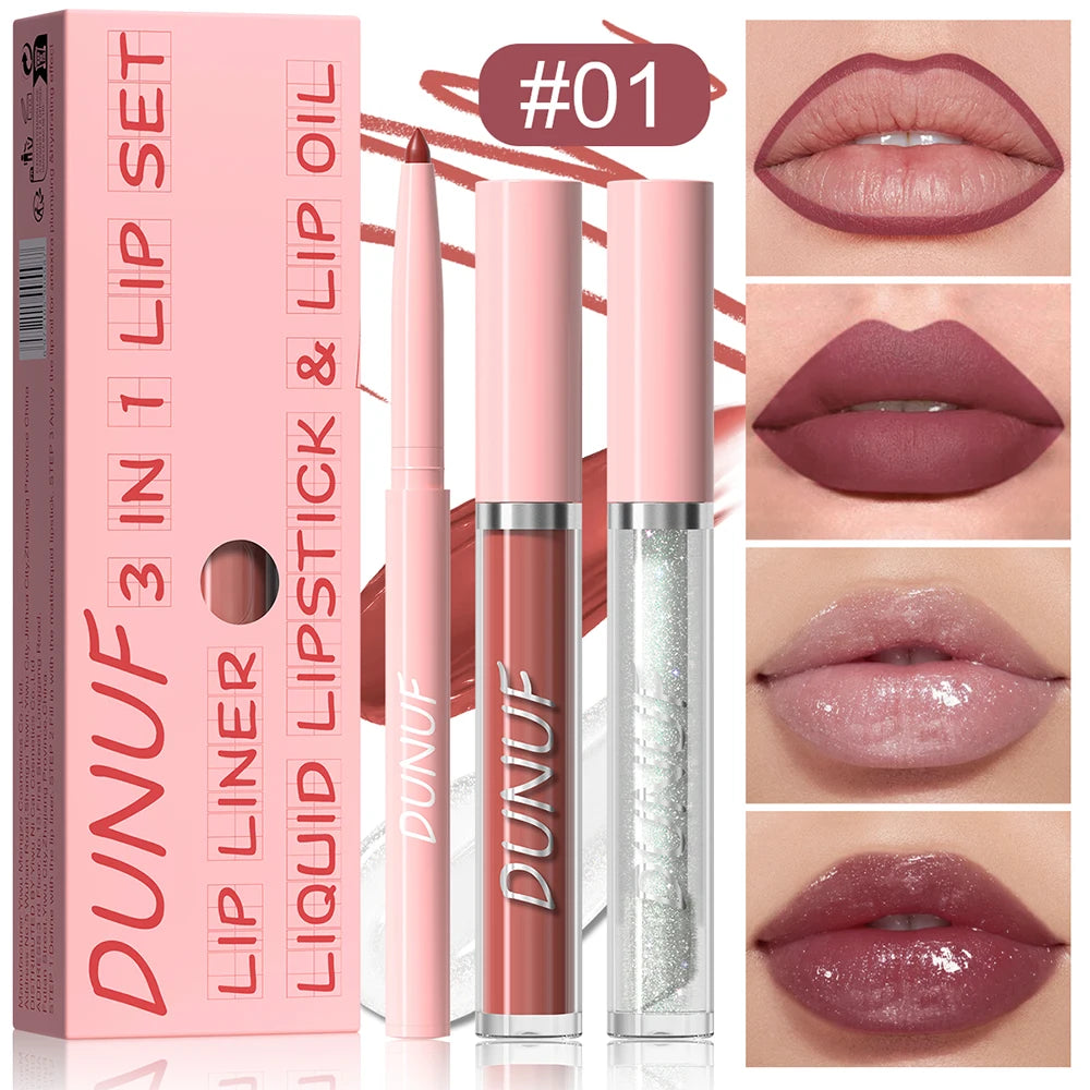 Matte Lip Liner Lip Gloss Lip Oil Set, 3-in-1 Waterproof Non-sticky Long-Lasting Lipstick, Nude Deep Red Mauve, Christmas Makeup