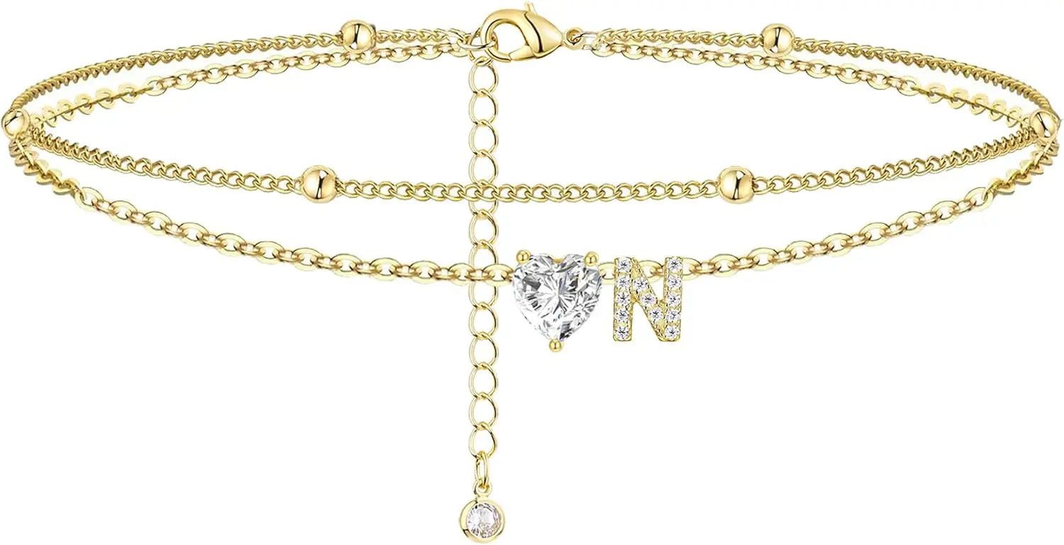 Ankle Bracelets for Women Waterproof 14K Gold Plated CZ Initial Dainty Layered Heart Anklets Foot Chain Summer Beach Jewelry
