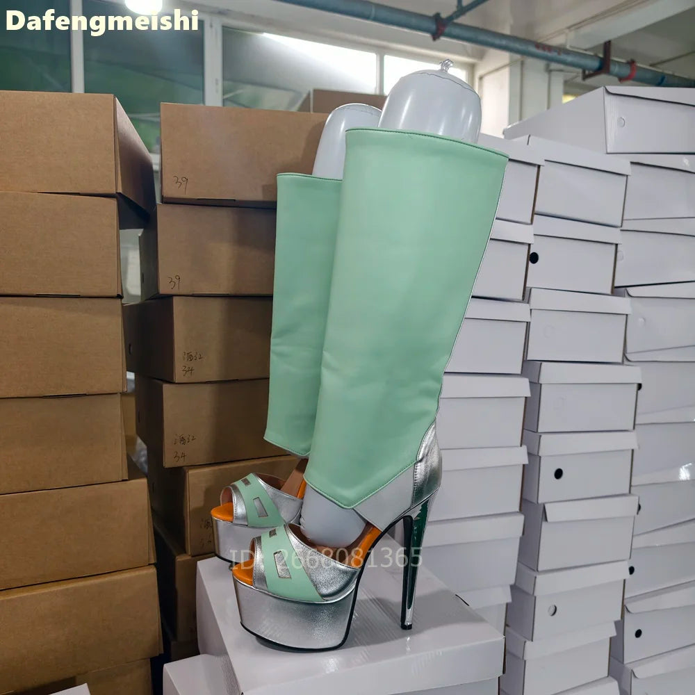 Women Mint Green Silver Peep Toe Knee High Boots 2026 New Fashion Platform Stiletto Heel Open Toe Party Clubwear Stage Shoes