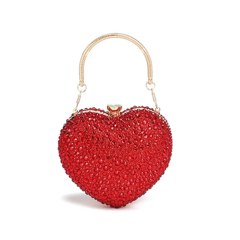 Designer Luxury Diamond Heart-shaped Bag Red Rhinestone Evening Clutch Purse Female Wedding Handbag Woman Chain Shoulder Bags
