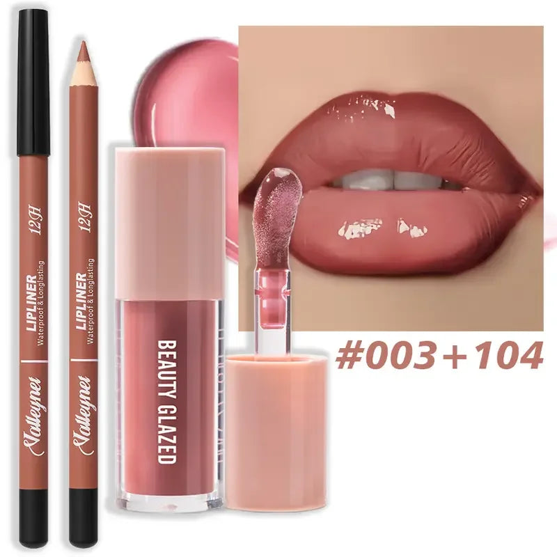 Waterproof 2Pcs Long-Lasting Matte Lip Makeup Set - Lip Liner & Glaze Combo with Pencil Texture, Red, Brown, Pink, Nude Tones