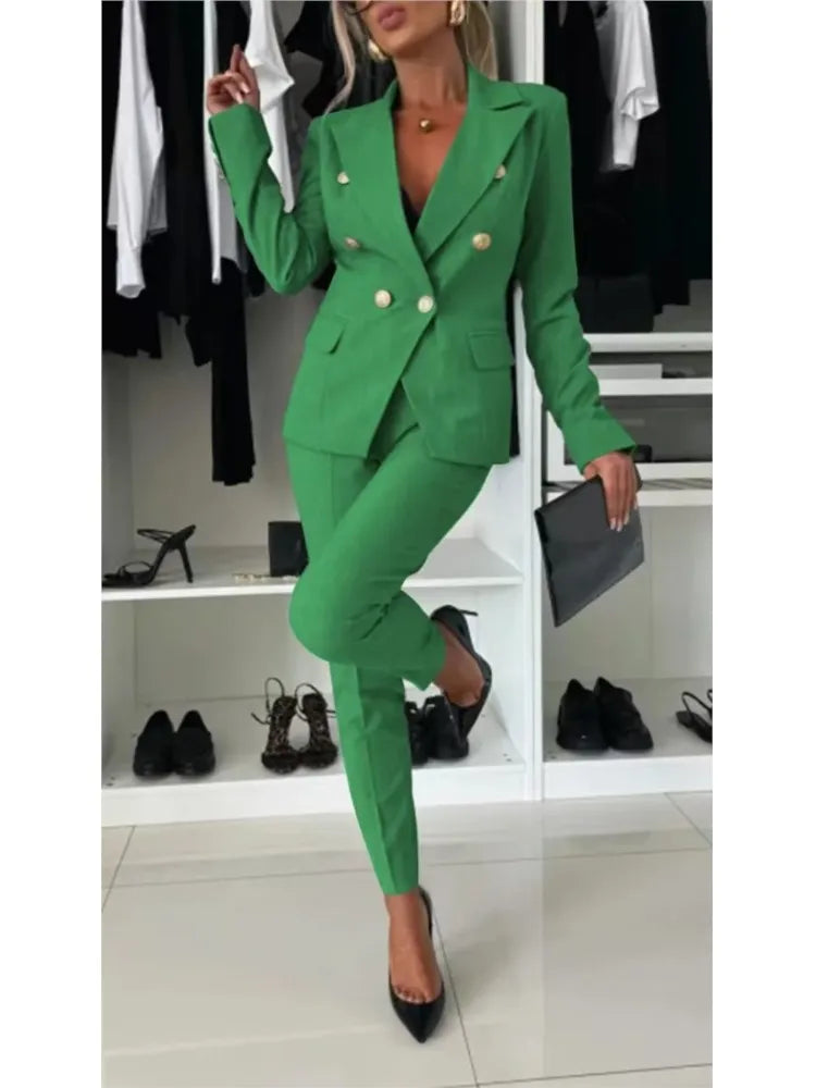 Fashion Double-breasted Long-sleeved Suit Set Women New Autumn Winter Slim Fitting Small Leg Long Pants Female Office 2piece Set