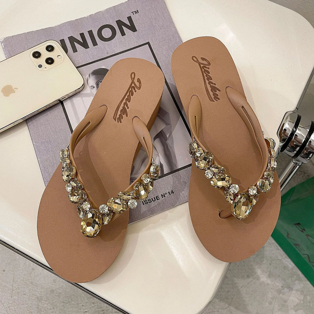 Flip Flops Women New High Heeled Slippers Women Diamond Slope Heel Slippers Elegant Fashion Beach Sandals Womens Sexy Shoes