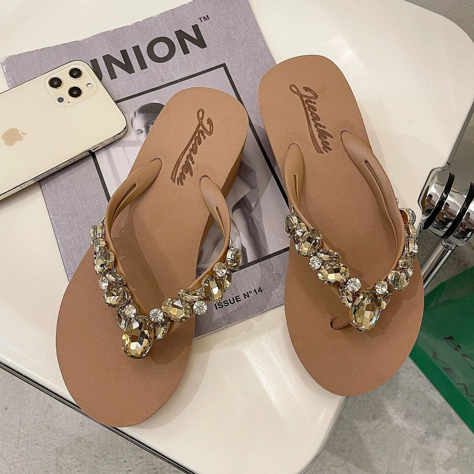Flip Flops Women New High Heeled Slippers Women Diamond Slope Heel Slippers Elegant Fashion Beach Sandals Womens Sexy Shoes