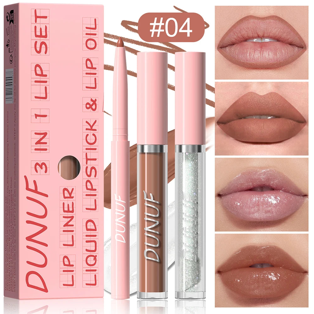 Matte Lip Liner Lip Gloss Lip Oil Set, 3-in-1 Waterproof Non-sticky Long-Lasting Lipstick, Nude Deep Red Mauve, Christmas Makeup