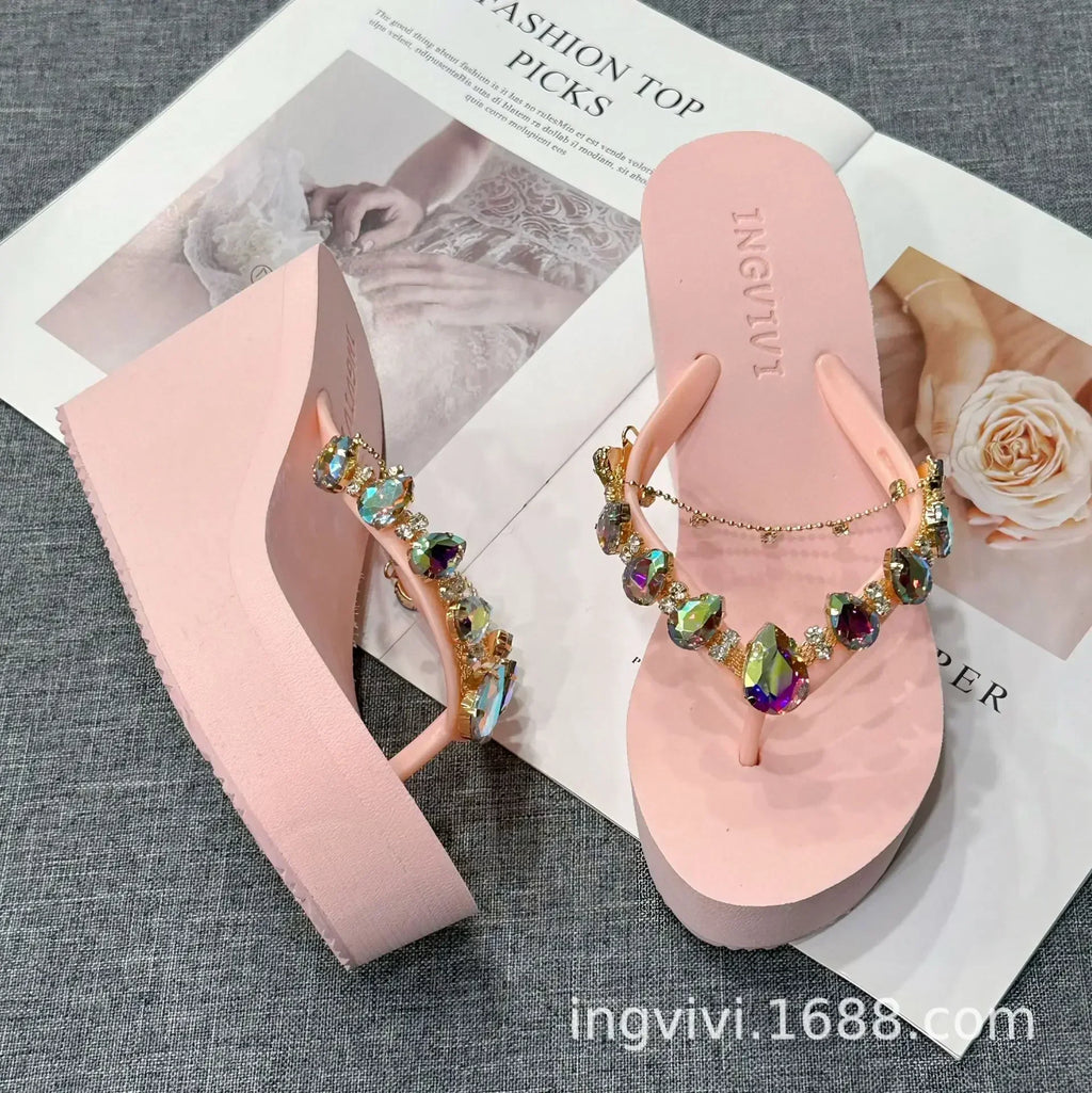 Flip Flops Women New High Heeled Slippers Women Diamond Slope Heel Slippers Elegant Fashion Beach Sandals Womens Sexy Shoes