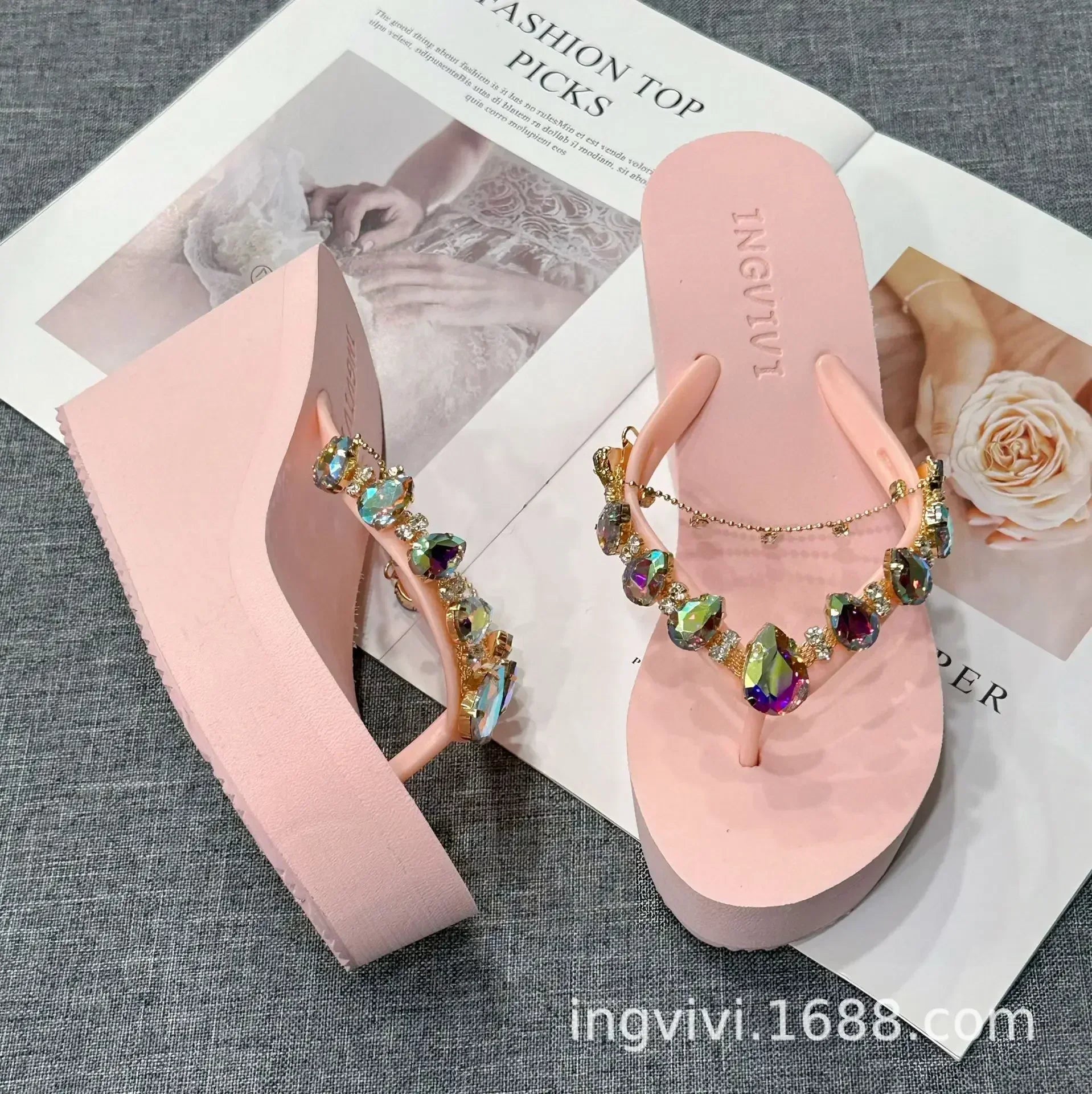 Flip Flops Women New High Heeled Slippers Women Diamond Slope Heel Slippers Elegant Fashion Beach Sandals Womens Sexy Shoes