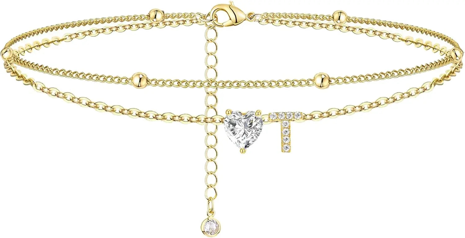 Ankle Bracelets for Women Waterproof 14K Gold Plated CZ Initial Dainty Layered Heart Anklets Foot Chain Summer Beach Jewelry