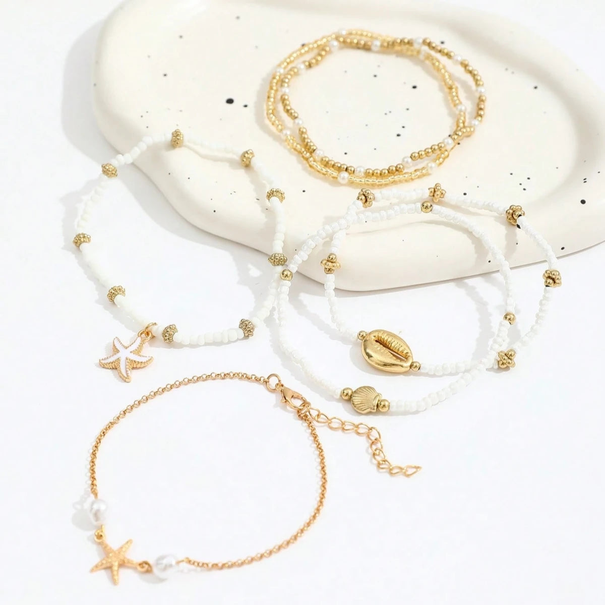 6pcs/set Fashion Stackable Starfish Shell Pendant Beads Anklets Set For Women Beach Jewelry Accessories