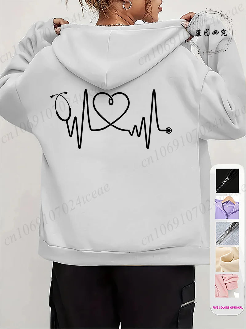 Women Leopard Nurse Life Print Hoodie Long Sleeve Casual Zipper Hoodie Nursing Fall Winter Jacket Coat Emergency Nurse Hoodies
