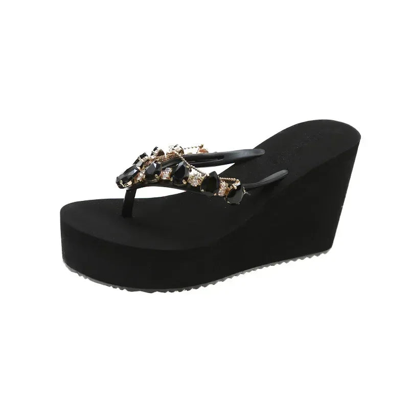 Flip Flops Women New High Heeled Slippers Women Diamond Slope Heel Slippers Elegant Fashion Beach Sandals Womens Sexy Shoes