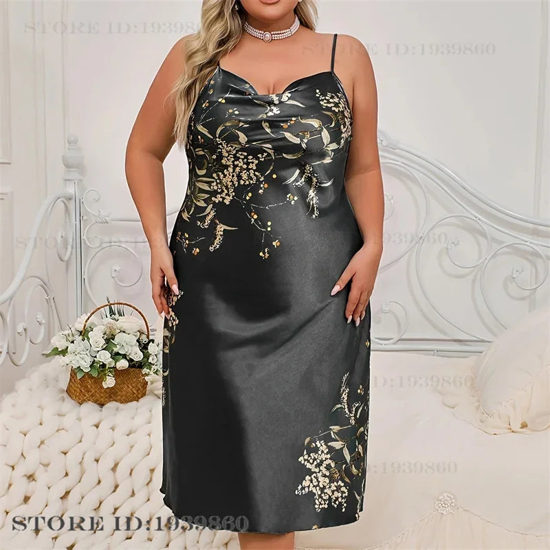 Plus Size 3XL 4XL 5XL Women's Long Robe Nightgown Print Cherry Kimono Bathrobe Gown Spring Summer New Satin Sleepwear HomeWear