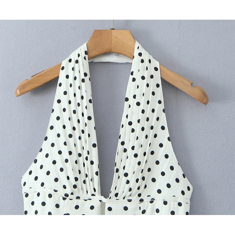 YENKYE French Style Retro Polka Dot Deep V Halter Dress Women Sexy Backless A-line Slim Sweet Elegant Mini Dresses Summer Robe