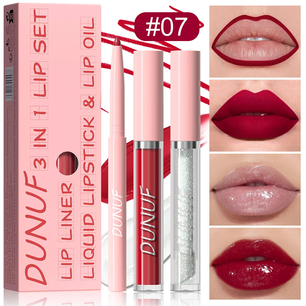 Matte Lip Liner Lip Gloss Lip Oil Set, 3-in-1 Waterproof Non-sticky Long-Lasting Lipstick, Nude Deep Red Mauve, Christmas Makeup