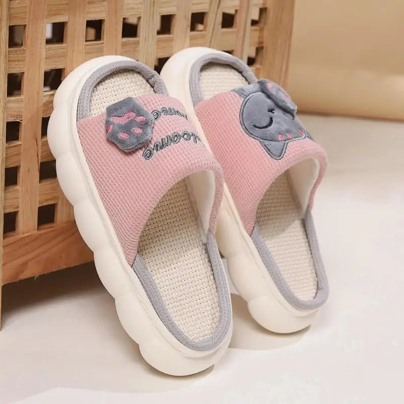 Linen Casual Slippers Women House Platform Cute Cartoon Cat Designer Shoes Girls Flat Fashion Elegant Footwear Indoor Large Size