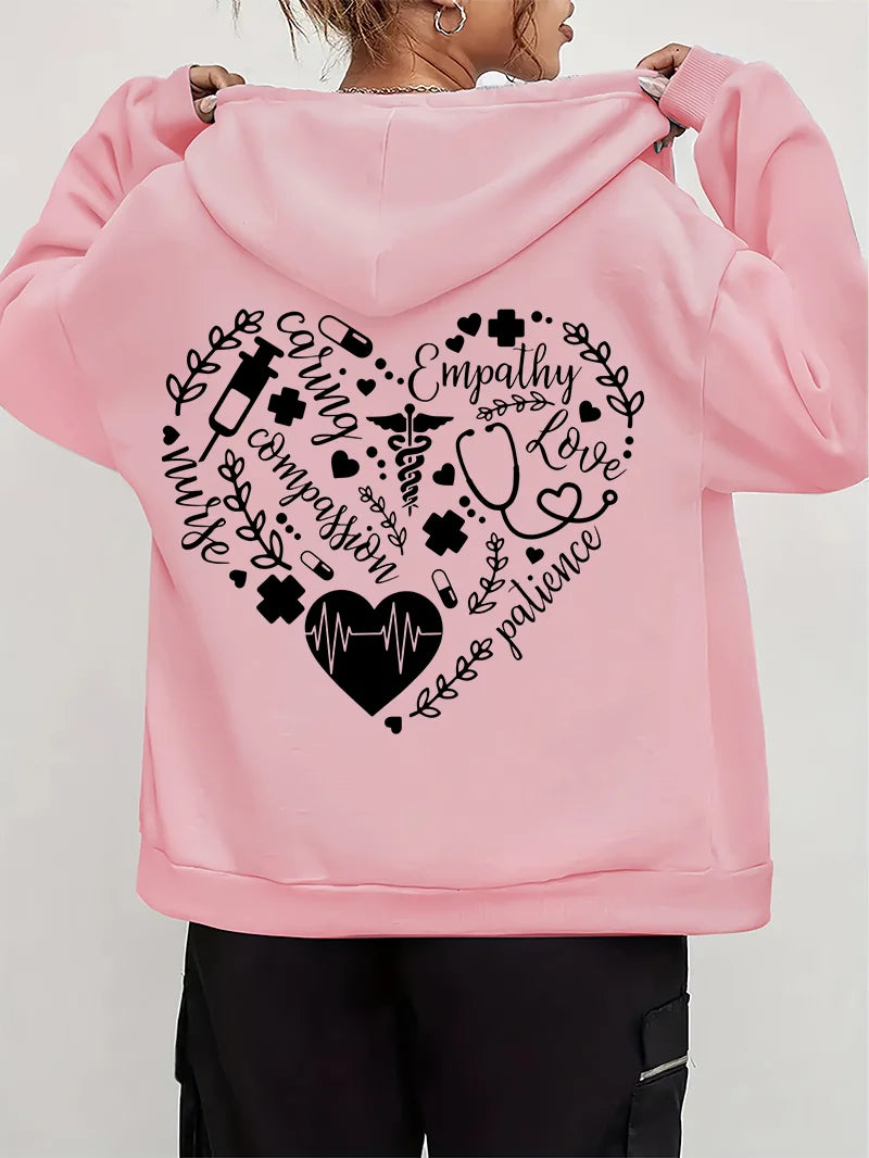 Women Leopard Nurse Life Print Hoodie Long Sleeve Casual Zipper Hoodie Nursing Fall Winter Jacket Coat Emergency Nurse Hoodies