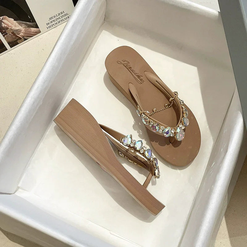 Flip Flops Women New High Heeled Slippers Women Diamond Slope Heel Slippers Elegant Fashion Beach Sandals Womens Sexy Shoes