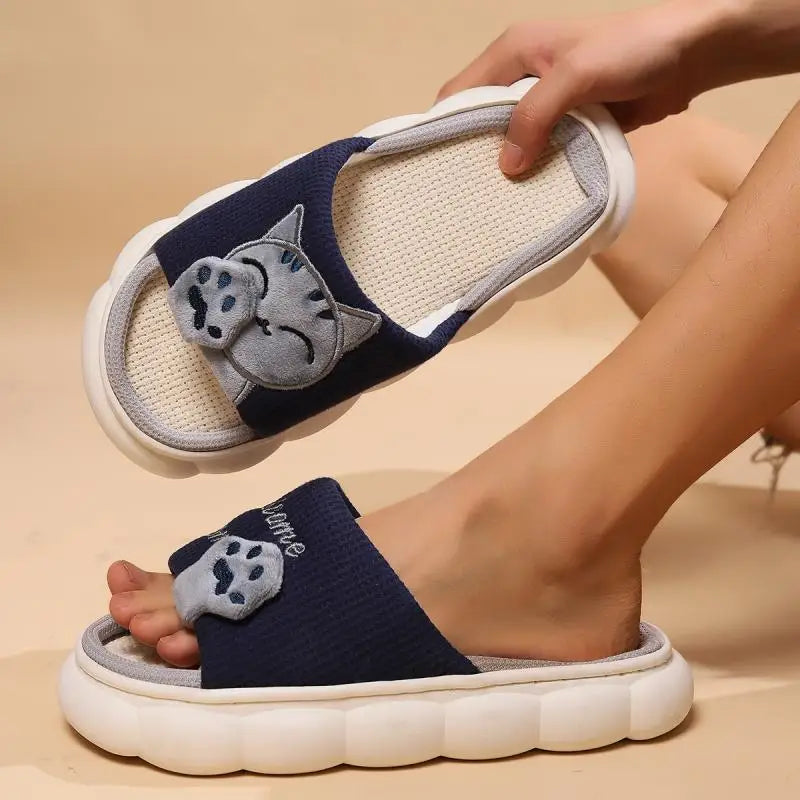 Linen Casual Slippers Women House Platform Cute Cartoon Cat Designer Shoes Girls Flat Fashion Elegant Footwear Indoor Large Size