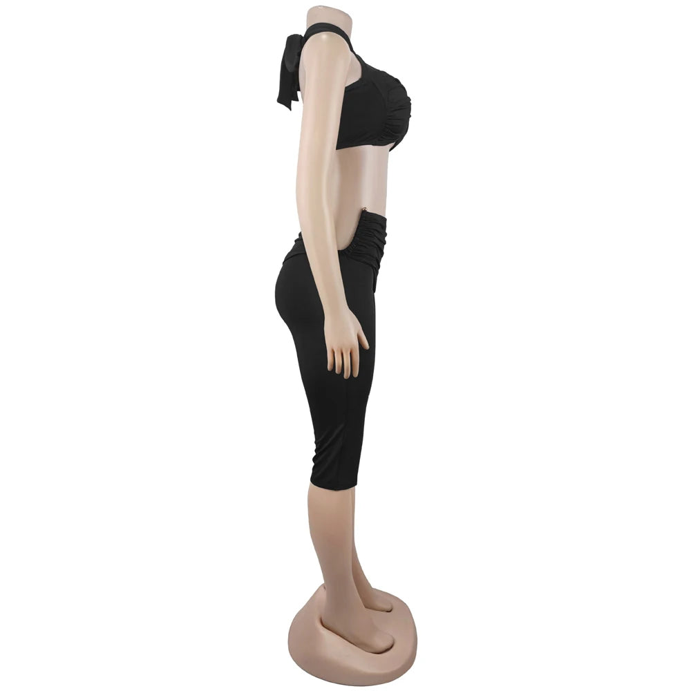 Sexy Capri Legging Set Womens 2 Piece Outfits Cross Neck Crop Top and Mid-Length Pants Suit for Woman Party Night Club Wear