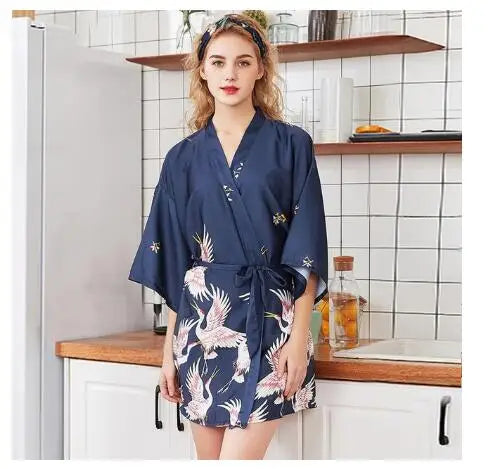 Fashion Women's Summer Mini Kimono Robe Lady Rayon Bath Gown Yukata Nightgown Sleepwear Sleepshirts Pijama Mujer Size M-XXL