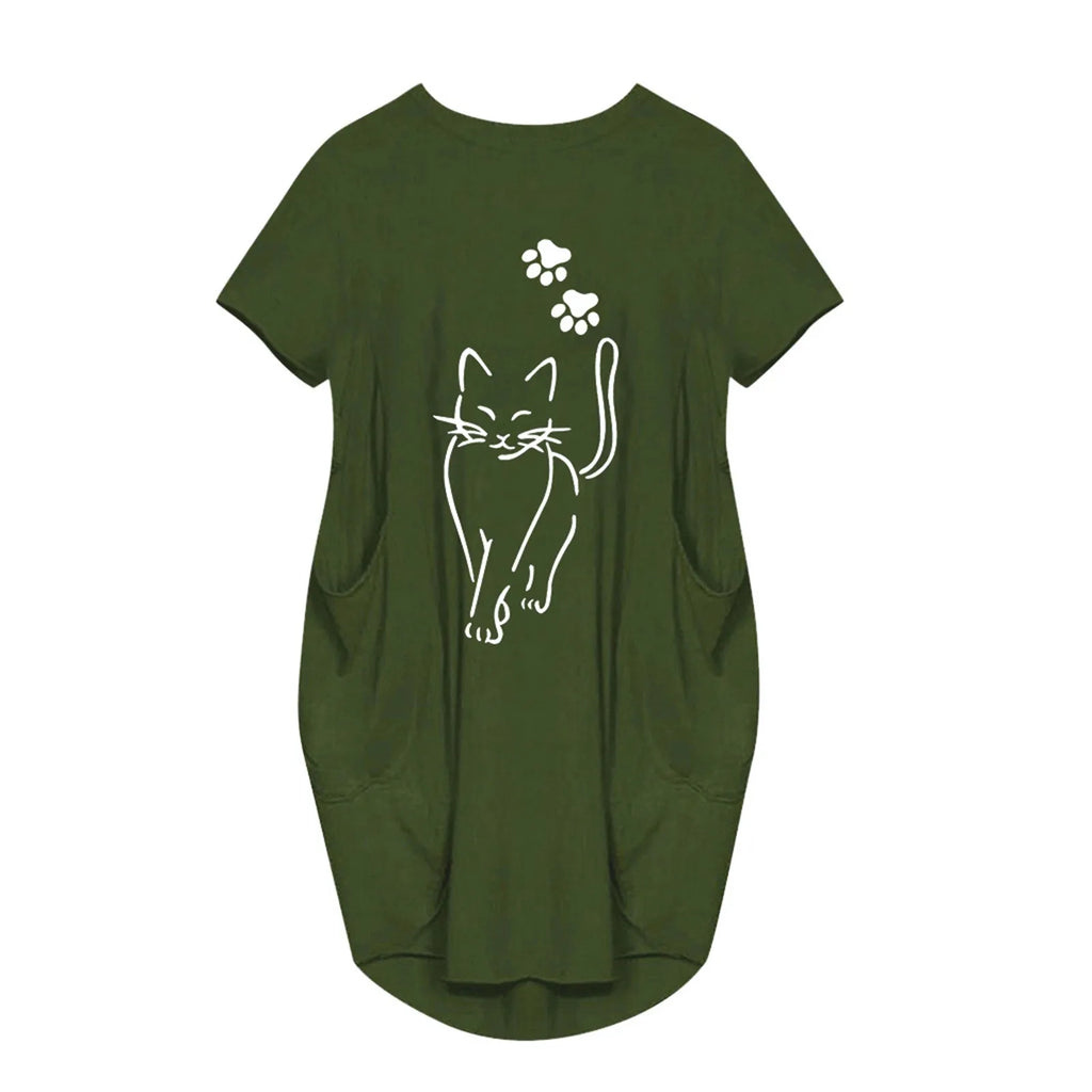 Plus Size Women Short Sleeve O-Neck Loose Casual Dresses Casual Short Sleeve Shirt Mini Dresses Round Neck Pockets Sexy Female T
