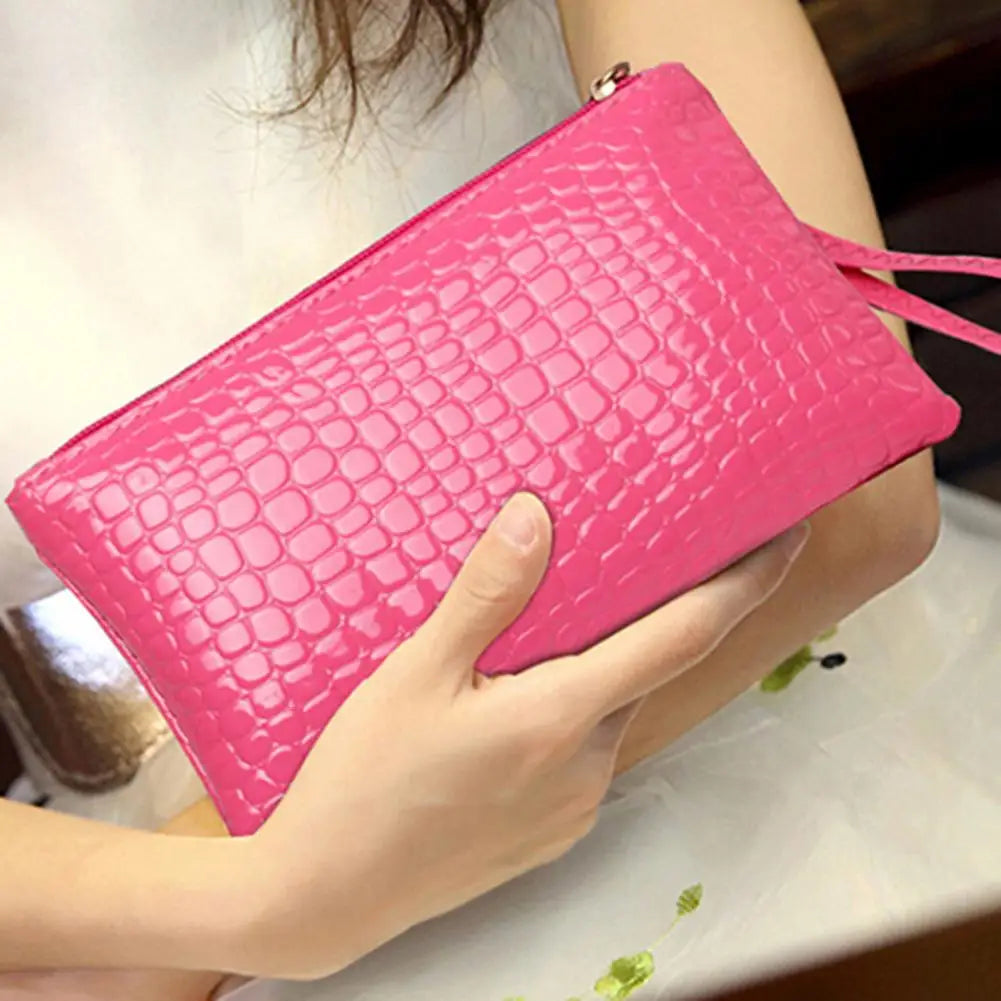Fashion Women Handbag Faux Leather Wallet Purse Zipper Closure Portable Solid Color Phone Handle Bag Long Wallet
