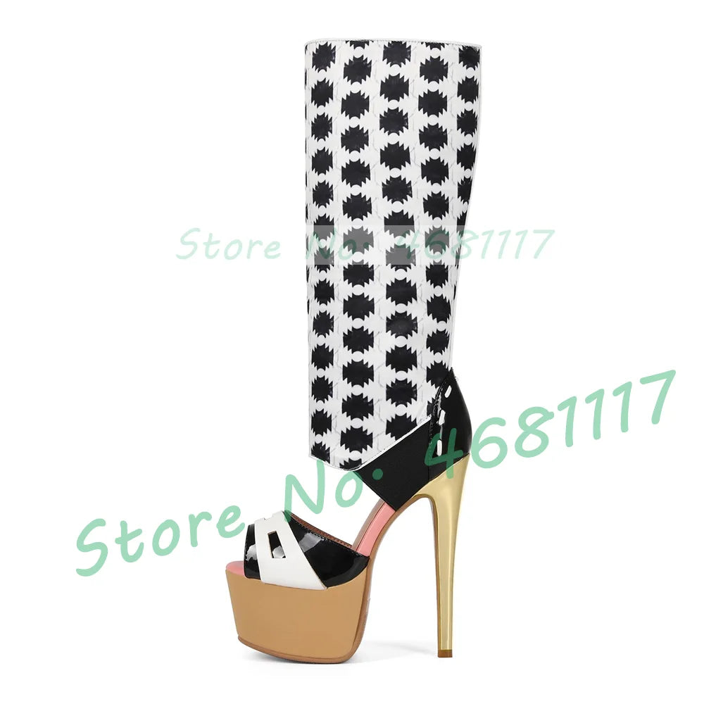 Black Heart Print Platform Sandal Boots Women Trendy Sexy Mixed Color Cut Out Boots Female Open Toe Pink High Heels Long Shoes