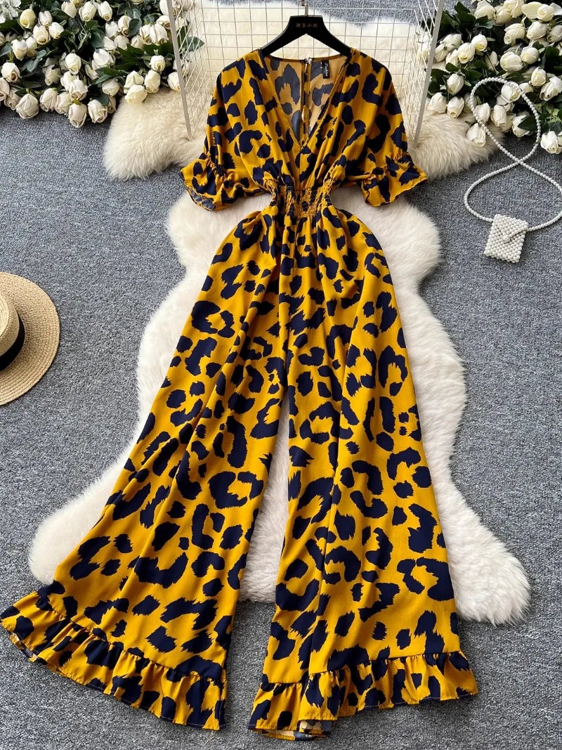 Summer Women's jumpsuit fashion leopard print outfit chic casual V-neck short sleeve elastic high waist slim wide leg jumpsuit