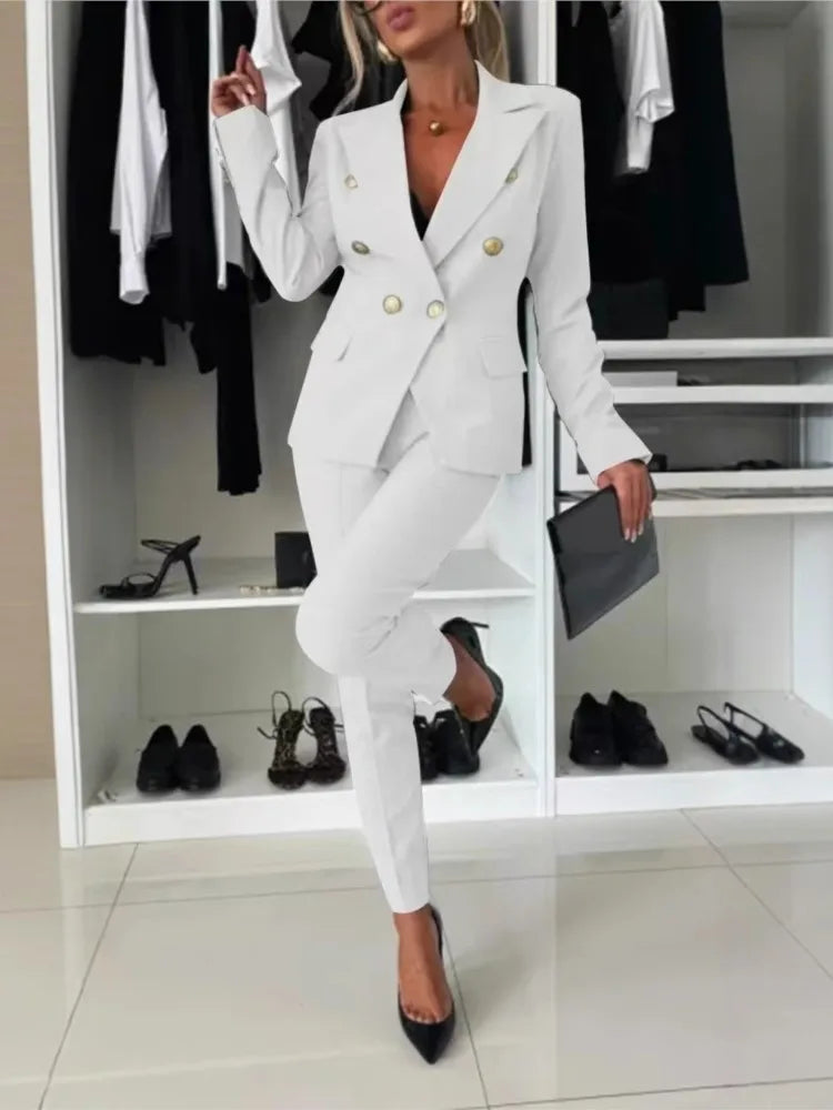 Fashion Double-breasted Long-sleeved Suit Set Women New Autumn Winter Slim Fitting Small Leg Long Pants Female Office 2piece Set