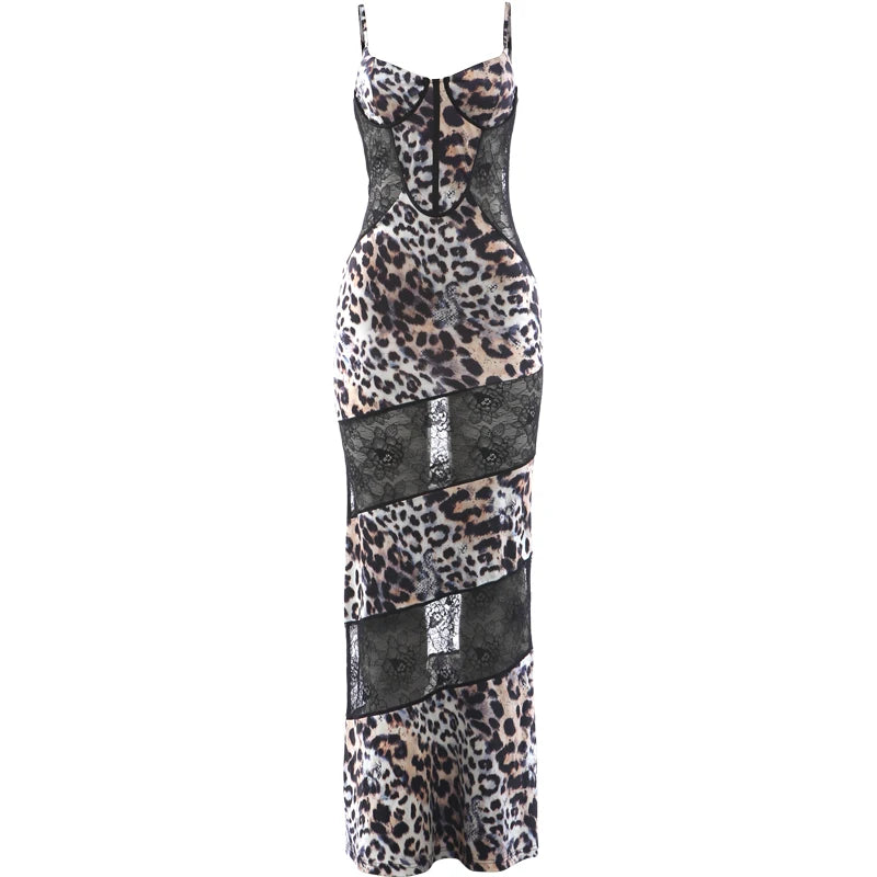 Nibber Mesh Patchwork Sling Dress Woman Leopard Print Low-Neck Sleeveless Backless Robe Midnight Club Party Fashion Vestidos
