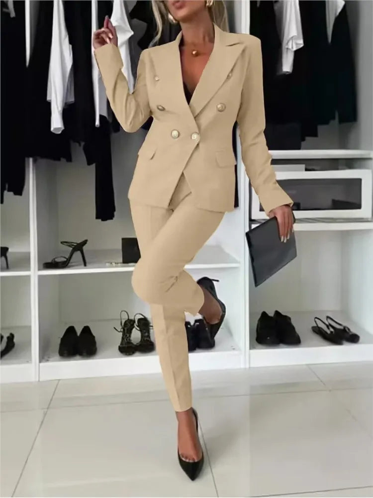 Fashion Double-breasted Long-sleeved Suit Set Women New Autumn Winter Slim Fitting Small Leg Long Pants Female Office 2piece Set