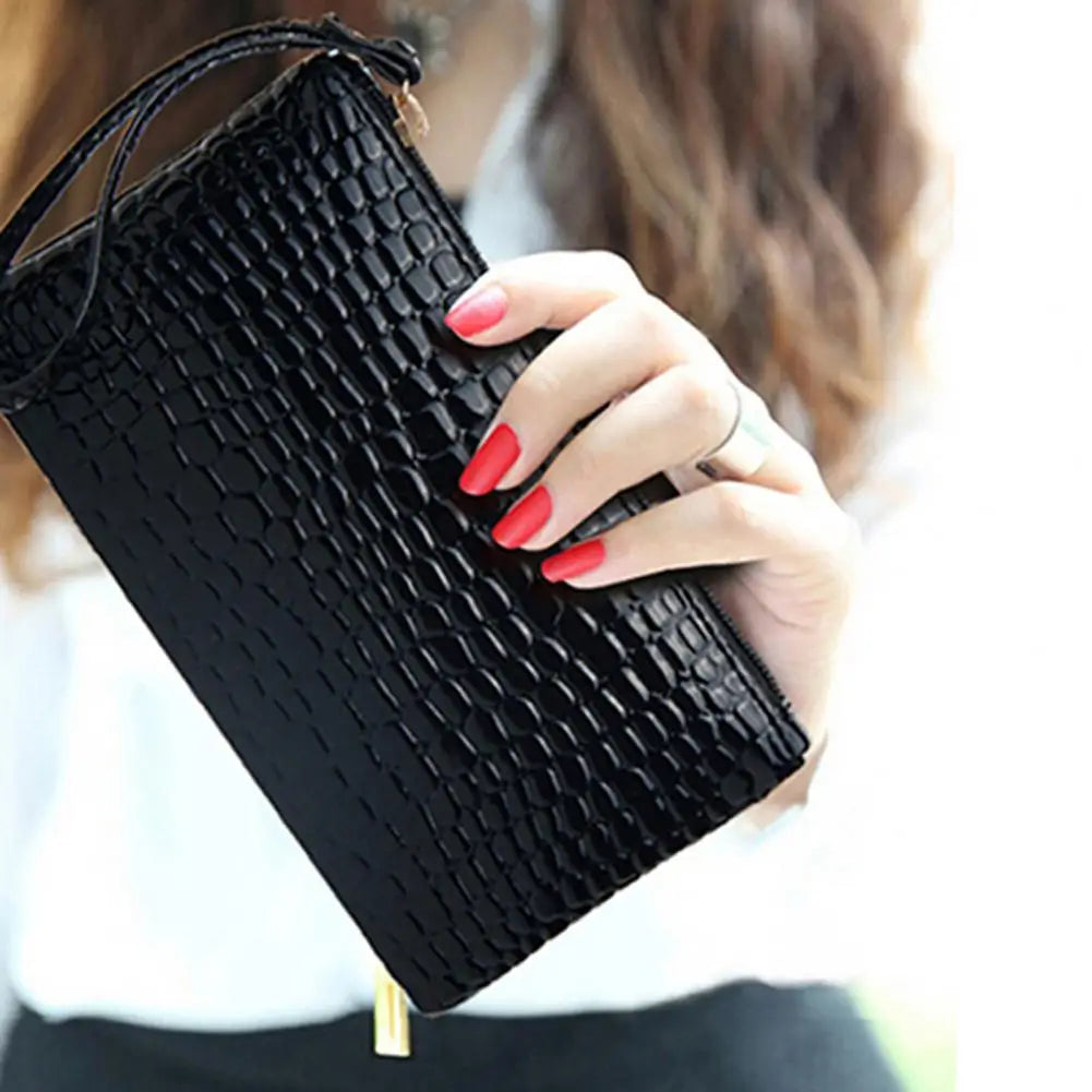 Fashion Women Handbag Faux Leather Wallet Purse Zipper Closure Portable Solid Color Phone Handle Bag Long Wallet