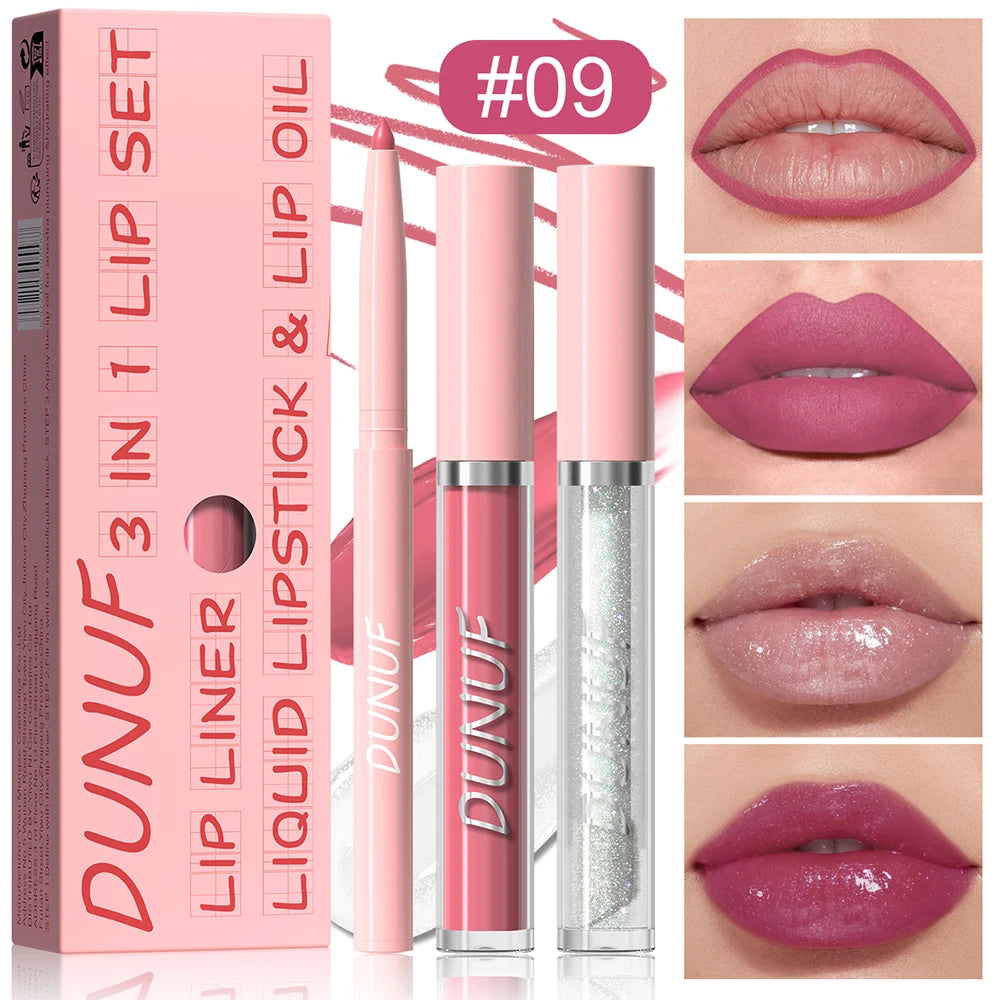 Matte Lip Liner Lip Gloss Lip Oil Set, 3-in-1 Waterproof Non-sticky Long-Lasting Lipstick, Nude Deep Red Mauve, Christmas Makeup