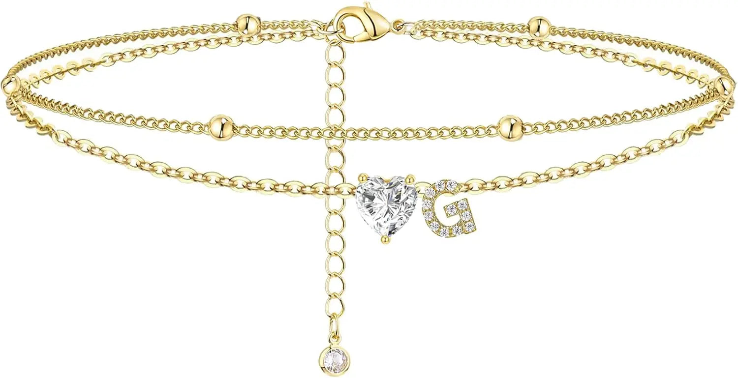 Ankle Bracelets for Women Waterproof 14K Gold Plated CZ Initial Dainty Layered Heart Anklets Foot Chain Summer Beach Jewelry