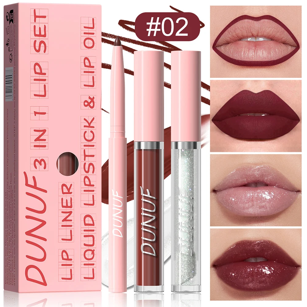 Matte Lip Liner Lip Gloss Lip Oil Set, 3-in-1 Waterproof Non-sticky Long-Lasting Lipstick, Nude Deep Red Mauve, Christmas Makeup