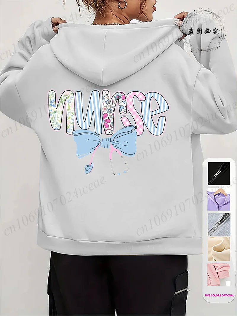 Women Leopard Nurse Life Print Hoodie Long Sleeve Casual Zipper Hoodie Nursing Fall Winter Jacket Coat Emergency Nurse Hoodies