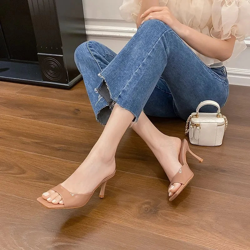 Luxury Womens Slippers Square Toe Women High Heels Thin Heels Fashion Party Shoes Sexy Open Toe Women Shoes Summer New Sandalias