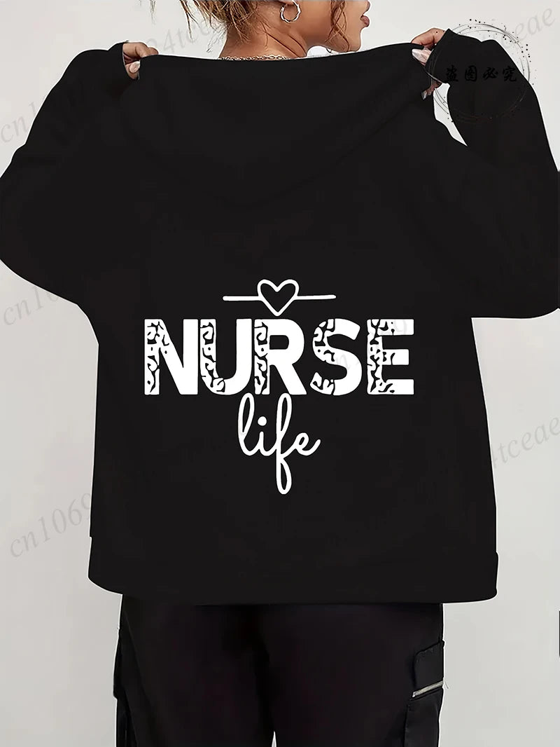 Zip Up Hoodies for Women Oversized Nurse Life Printed Hoodies Women Men Zipper Sweatshirts Autumn Winter Fleece Zip Jacket Coat